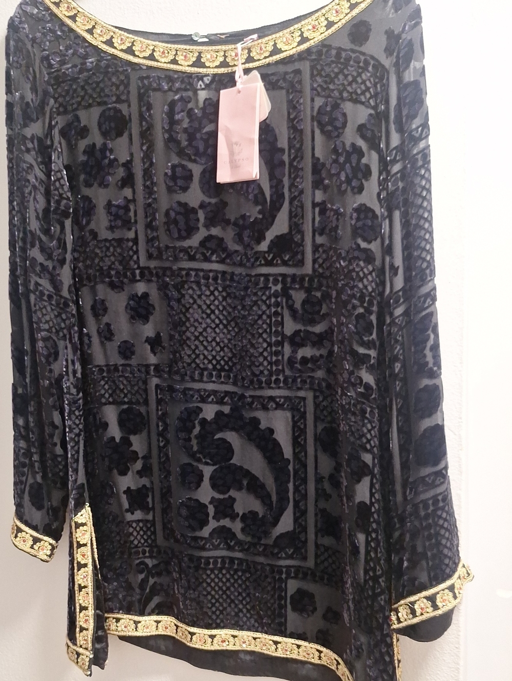 CALYPSO Black Velvet Burnout Tunic with Gold Trim